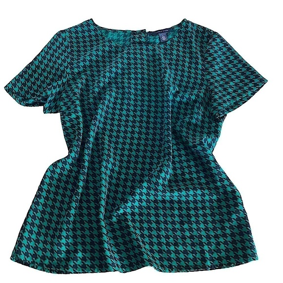 Tommy Hilfiger Blouse Green & Navy Houndstooth Short Sleeve Shirt Size Medium - Picture 2 of 12